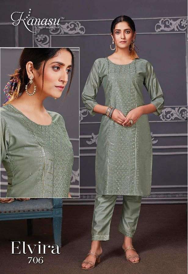 ELVIRA SERIES 701 TO 708 KURTI BY KANASU DESIGNER CHANDERI SILK KURTIS ARE AVAILABLE AT WHOLESALE PRICE